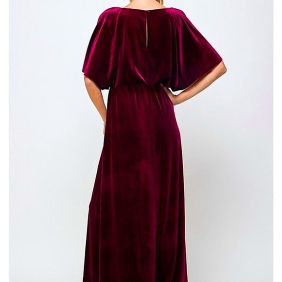 Burgundy Velvet Caped Flutter Sleeve Formal Maxi Dress - Picture 4 of 4